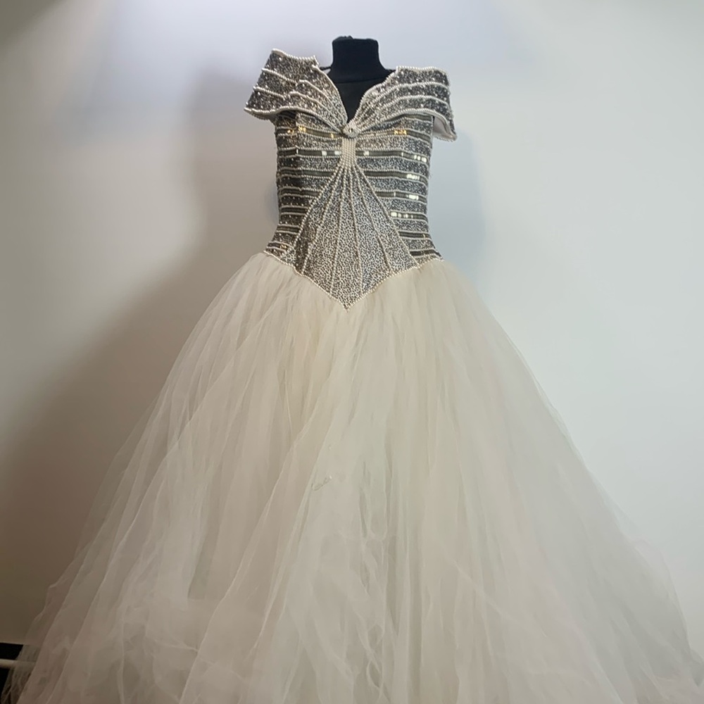 Vintage White beaded wedding cap and gown.